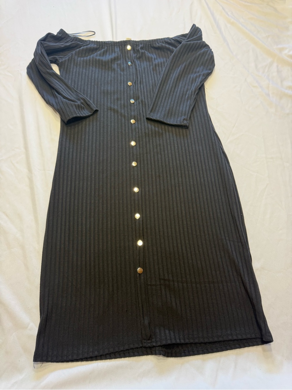 Say What? Black Off-Shoulder Ribbed Midi Dress with Front Buttons